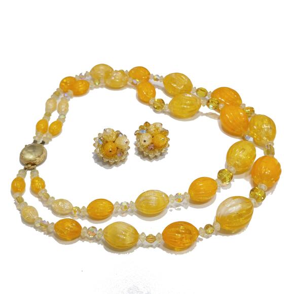 Vintage  Yellow Orange Lucite Beaded Necklace & Earrings, AB Crystals, 1960s - Picture 4 of 10